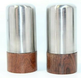 Vintage Mid Century Wood and Silver Salt & Pepper Shakers stainless 2