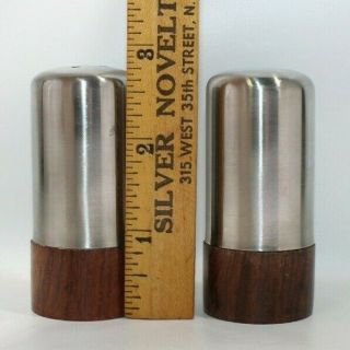 Vintage Mid Century Wood and Silver Salt & Pepper Shakers stainless 3