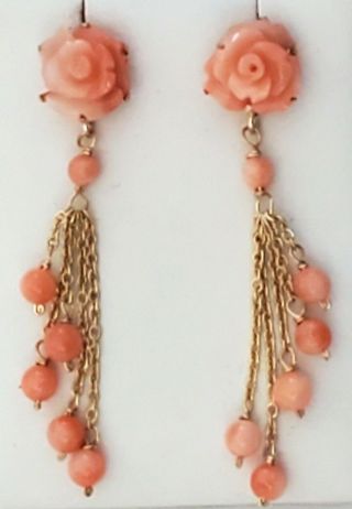 14k Solid Gold Carved Rose/flower Natural Pacific Pink Coral Tassel Earrings