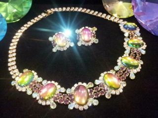 Vtg Wow Decodent Statement Necklace & Earring Set W Rare Helio Watermelon Cabs