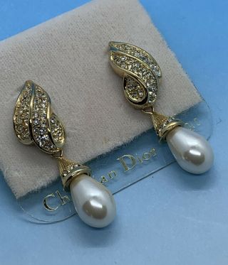 Vintage Christian Dior 14k Gold Post Faux Pearl & Diamond Drop Earrings