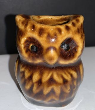 Owl Toothpick Holder Vintage Glazed Ceramic Pottery Brown 2 " Inches