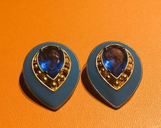 Yves Saint Laurent Ysl Gold Tone Blue Crystal Enamel Earrings