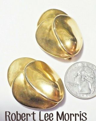 Large Signed Robert Lee Morris 24k Matte Gold Plate Sculptural Clip Earrings
