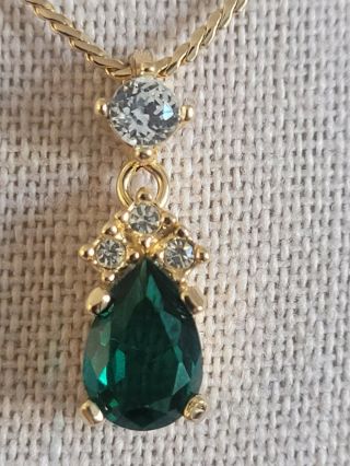 Vtg Signed C Dior 14k Gold Plated Necklace W/ Aust Emerald Crystal 36