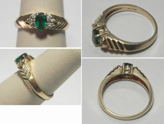 C1479 Vintage 14k Solid Yellow Gold Emerald & Diamond V Step Band Ring,  Sz 7.  25