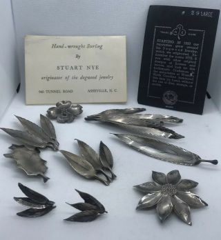 8 Vintage Signed Stuart Nye Dogwood & Flower Sterling Silver Brooch Earrings