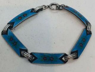 Antique Art Deco Sterling Silver Blue Enamel Guilloche Bracelet