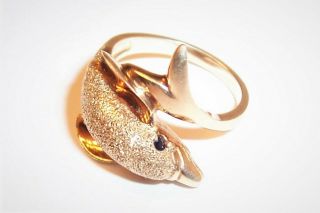 Scrap Or Wear Vintage 10k Gold Dolphin Ring With Blue Sapphires Size 6 3/4