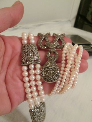 Stunning Vintage Sterling Silver 925 Pearls Marcasite Necklace And Bracelet