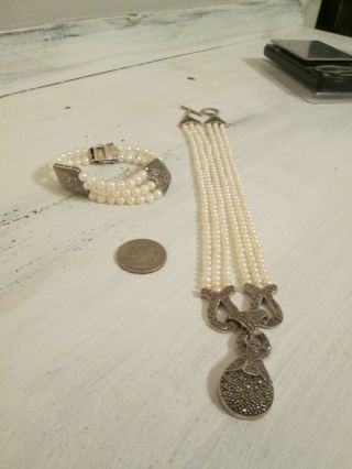Stunning Vintage Sterling Silver 925 Pearls Marcasite Necklace and Bracelet 2
