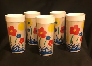 Vintage Thermo Serv Tumblers/ Glasses Set Of 5 W Multi Colored Flowers