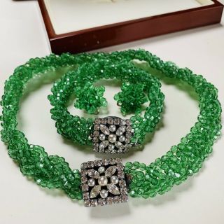 Vintage Jewellery Art Deco Green Crystal Glass Necklace/bracelet/earrings Set