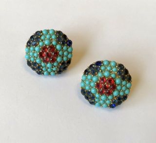 Vintage Crown Trifari Signed Turquoise Blue And Red Rhinestone Earrings