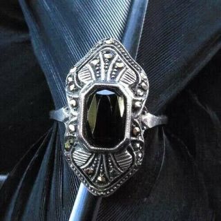Rare Authentic Estate Sterling Silver Art Deco Onyx & Marcasite Ring Size 7.  25