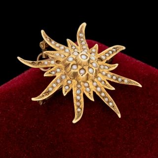 Antique Vintage Nouveau 14k Rose Gold Seed Pearl Starburst Pinwheel Pin Brooch