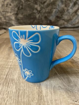 Starbucks Coffee Mug Light Turquoise Blue Etched Floral Creamy Inside