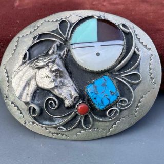 Massive Vintage Native American Silver Plated Turquoise Coral Belt Buckle\