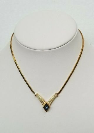 Vintage Signed Christian Dior Gold Tone Clear & Blue Rhinestone Collar Necklace