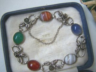 Vintage Arts And Crafts Solid Sterling Silver Scottish Agate Rose Bracelet 7.  5 "