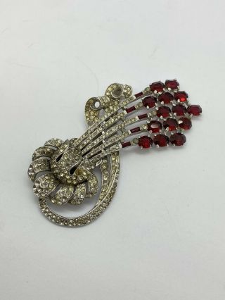Large Vintage Coro Rhinestone Flower Pin Brooch Red And White