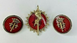 Accessocraft NYC Signed Enamel Red Heraldic Crown Sword Pin Brooch Earrings Set 2
