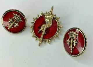 Accessocraft NYC Signed Enamel Red Heraldic Crown Sword Pin Brooch Earrings Set 3