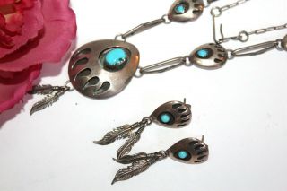 Vtg Native American Shadow Box Bear Paw Hopi Turquoise Sterling Necklace Set Fsu