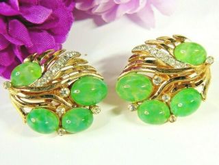 Crown Trifari Jewels Of India Jade Green Glass Cabs Rhinestones Earrings