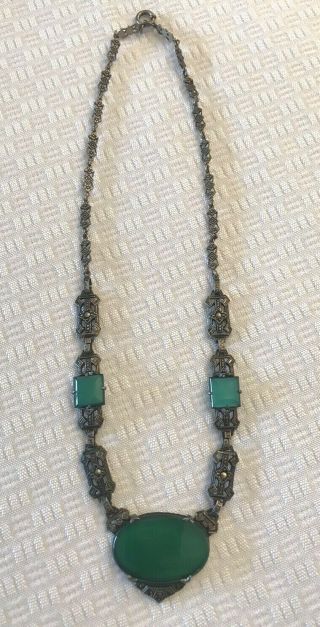 Stunning Antique Art Deco Sterling Emerald Green Glass Necklace