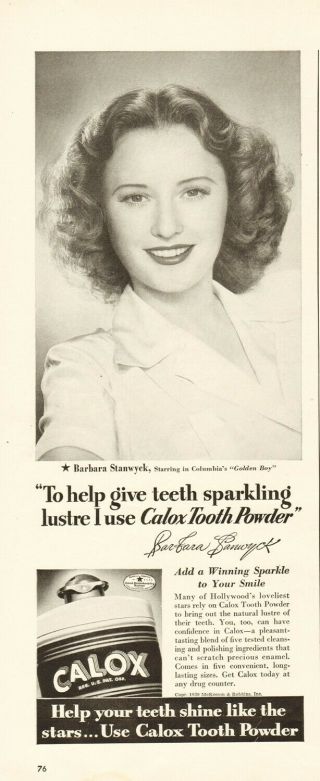 1939 Calox Tooth Powder Barbara Stanwyck Photo Golden Boy Movie Promo Ad