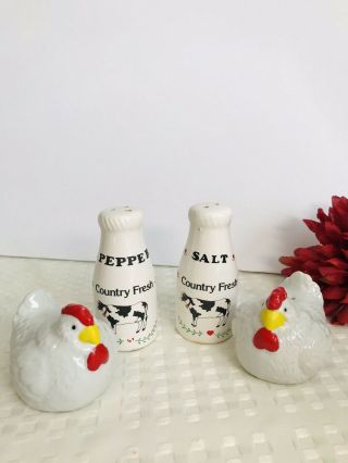 Set Of 2 Farmhouse Salt And Pepper Shakers Cow Chicken Country