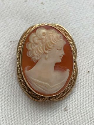 Vintage Retro 14k Gold & Hand Carved Shell Cameo Pin Brooch Pendant Circa 1950s