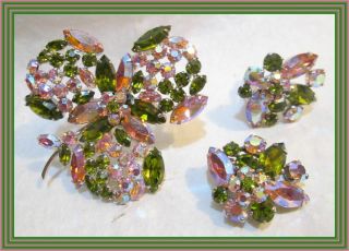 Sherman Olive Green & Hot Pink Ab - Figural Clover Cluster Motif Brooch Set Nr