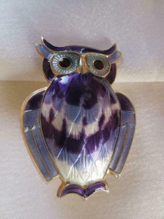 Vtg David - Andersen 925s Sterling Gold Vermeil/purple Enamel Owl Brooch 112 - 092