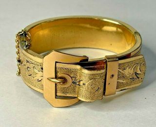 Best Antique Victorian Gold - Tone Black Enamel Buckle Hinged Bangle Cuff Bracelet