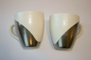Set Of 2 Starbucks 2004 Creamy White And Silver 4 " Tall Hand Painted Mugs