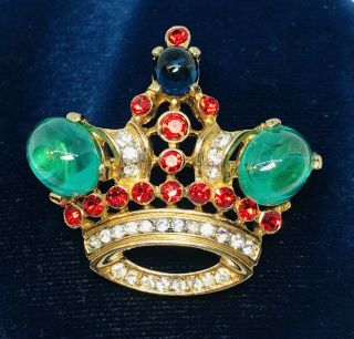 Vintage TRIFARI Alfred Philippe Emerald Cabochon Royal Coronation Crown Pin 2