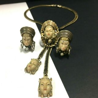 Vintage Selro Sellini Asian Princess Gold Lariat Necklace & Earring Set Ii203