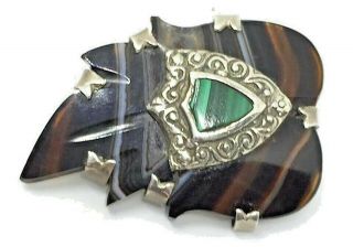 Antique Scottish Victorian Banded Agate Malachite Sterling Silver Brooch C1900