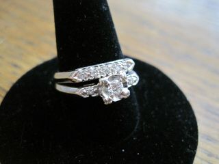 Vintage Retro 1930s 14k White Gold Diamond Wedding Engagement Ring Set 15 Pt Twt