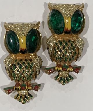 Vintage Coro Craft Rhinestone Enamel Crystal Sterling Silver Owl Duette Pair Pin