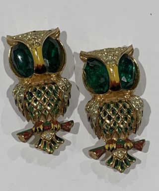 Vintage Coro Craft Rhinestone Enamel Crystal Sterling Silver Owl Duette Pair Pin 2