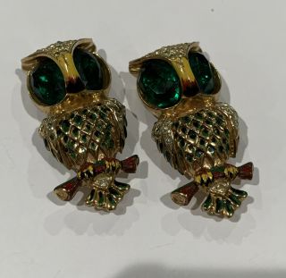 Vintage Coro Craft Rhinestone Enamel Crystal Sterling Silver Owl Duette Pair Pin 3