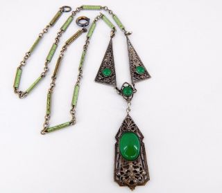 Art Deco Chrysoprase Green Glass,  Enamel,  & Silver Plate Filigree Necklace