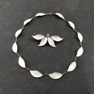David Andersen Norway Sterling Silver White Enamel Leaf Necklace & Brooch Set