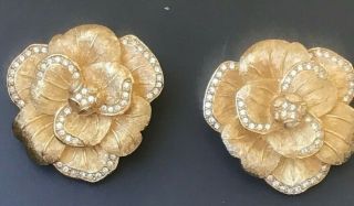 Christian Dior Signed Clip On Earrings Large Gold Tone Flowers Rhinestones Big