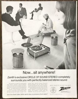 1968 Zenith Moderne Circle Of Sound Modular Stereo Print Ad Now Sit Anywhere
