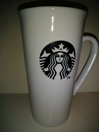 Starbucks 2013 White Black 16 Oz Ceramic Travel Mug Tumbler Mermaid Logo No Lid