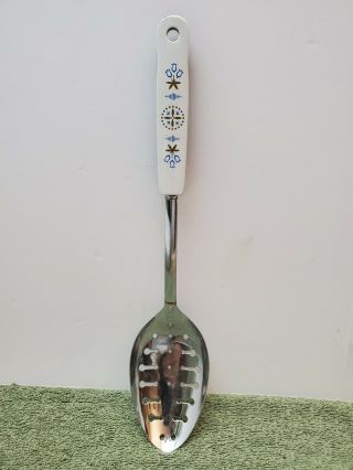 Vintage Ekco Usa Chromium Plated Slotted Spoon /w White Tulip Handle Design
